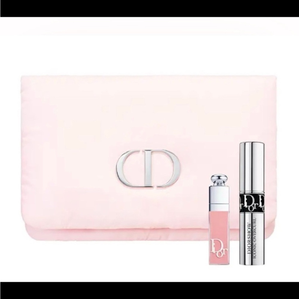 Dior soft pink pillowy flap bag with silver CD, mini lippie, and mascara set NIB